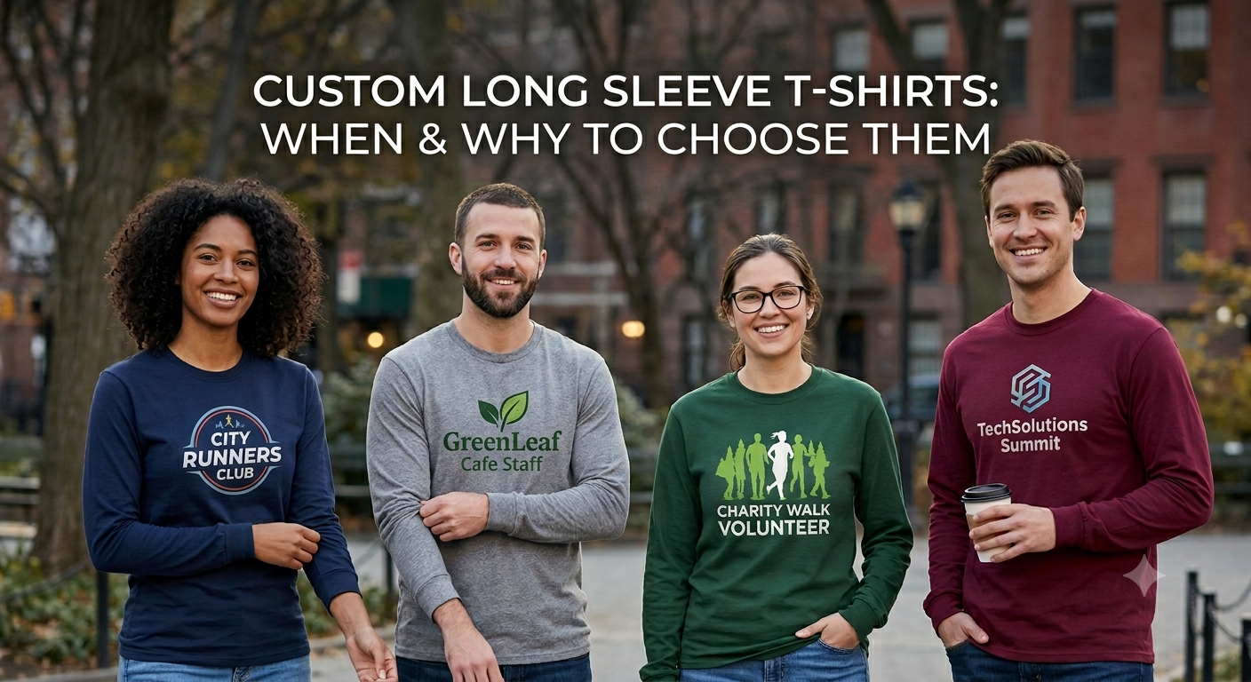 Four smiling colleagues walking outdoors in an urban park setting, each wearing a different colored custom long-sleeve t-shirt with a unique corporate or event logo