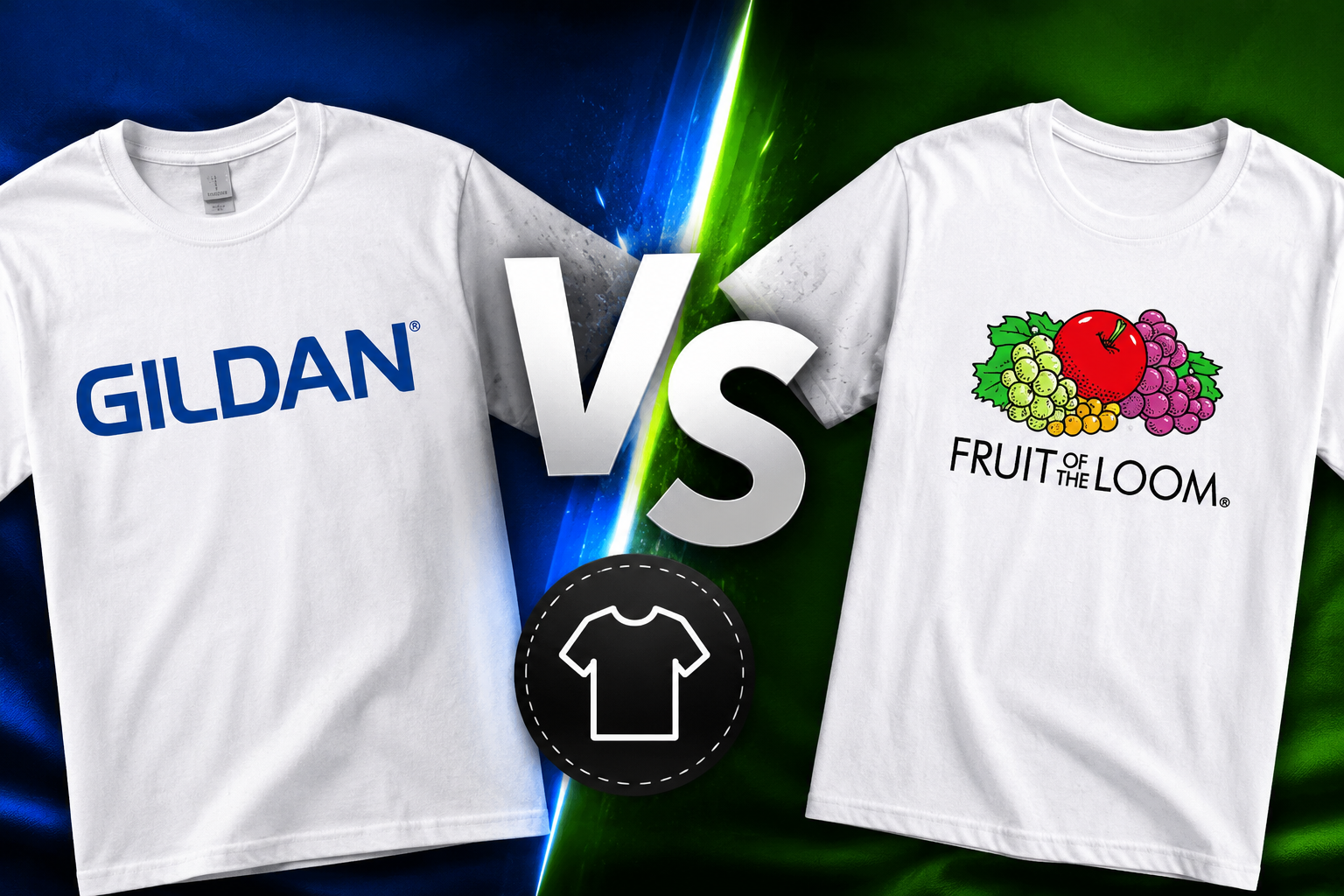 "Gildan vs Fruit of the Loom comparison for custom T-shirts, featuring side-by-side white T-shirts with a bold VS graphic, comparing quality, comfort, durability, and printing performance."