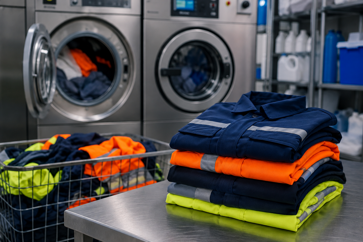 Folded high-visibility workwear and industrial uniforms on a table inside a commercial laundry facility with industrial washing machines in the background.