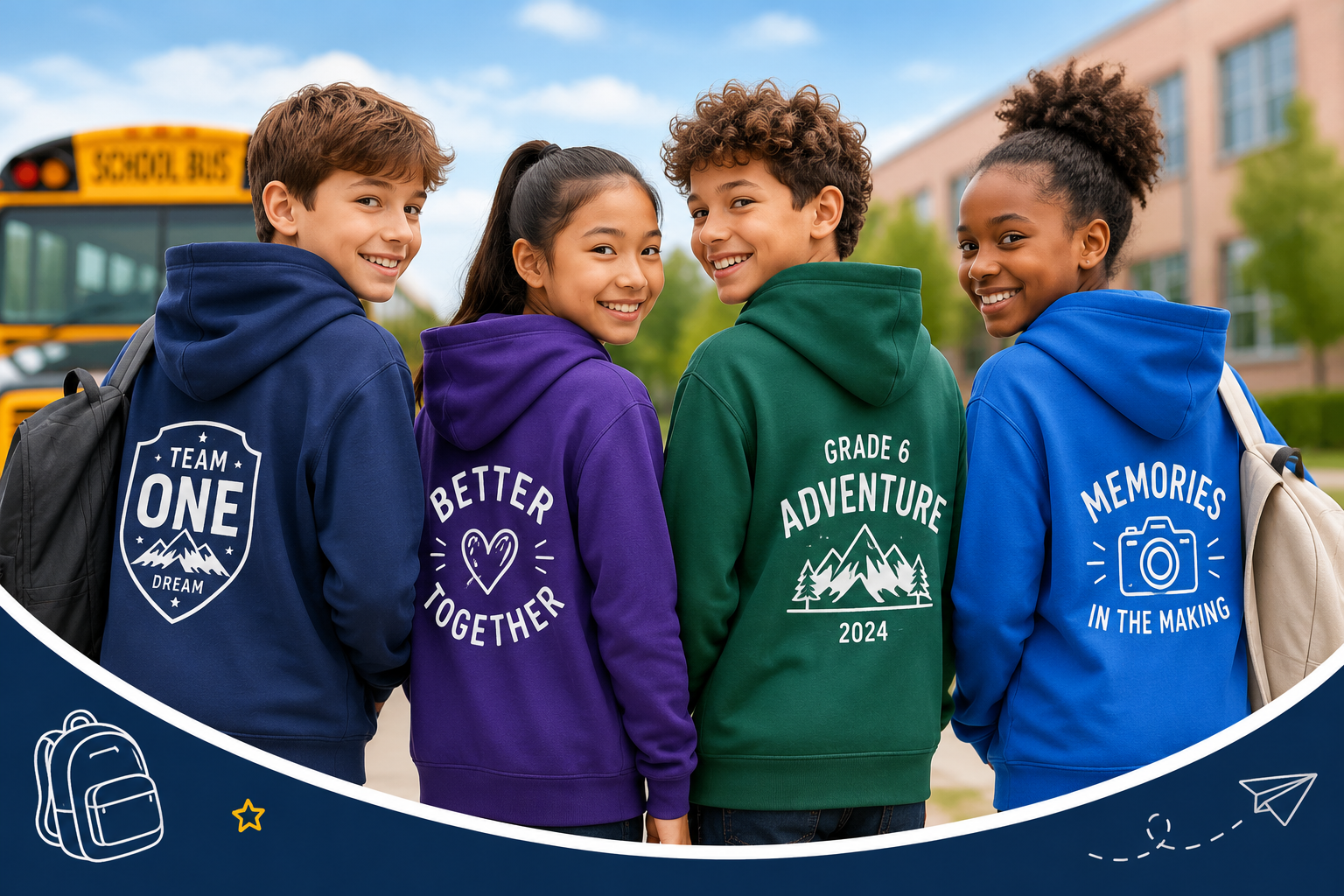 Four diverse school-aged children smiling and turning back toward the camera while wearing colorful custom hoodies with printed motivational designs, standing outdoors near a school bus and school building during a school trip.