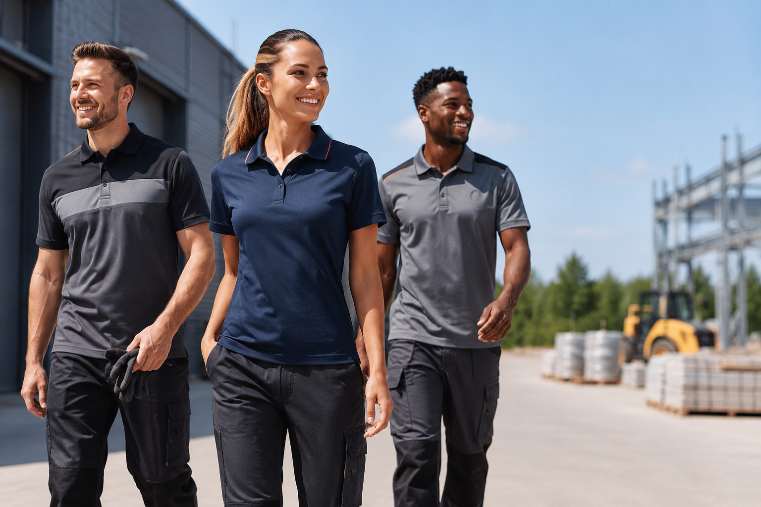 Three workers wearing lightweight workwear and polo shirts walking outdoors at a sunny industrial construction site.