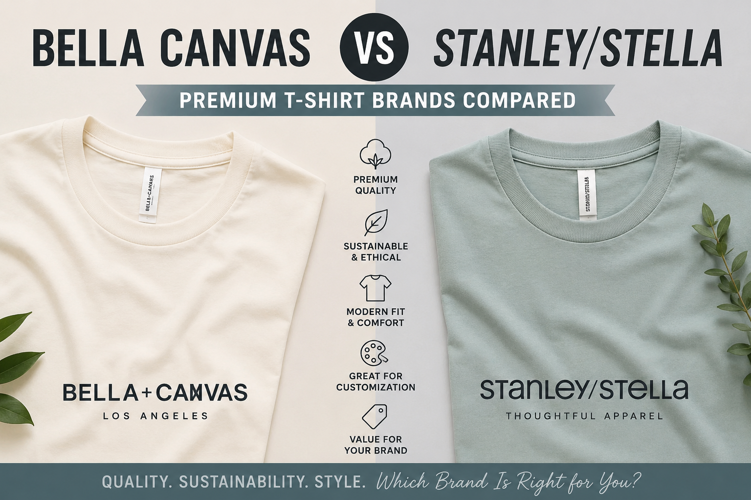 Side-by-side comparison of Bella+Canvas and Stanley/Stella premium T-shirts, highlighting quality, comfort, sustainability, and customization features.