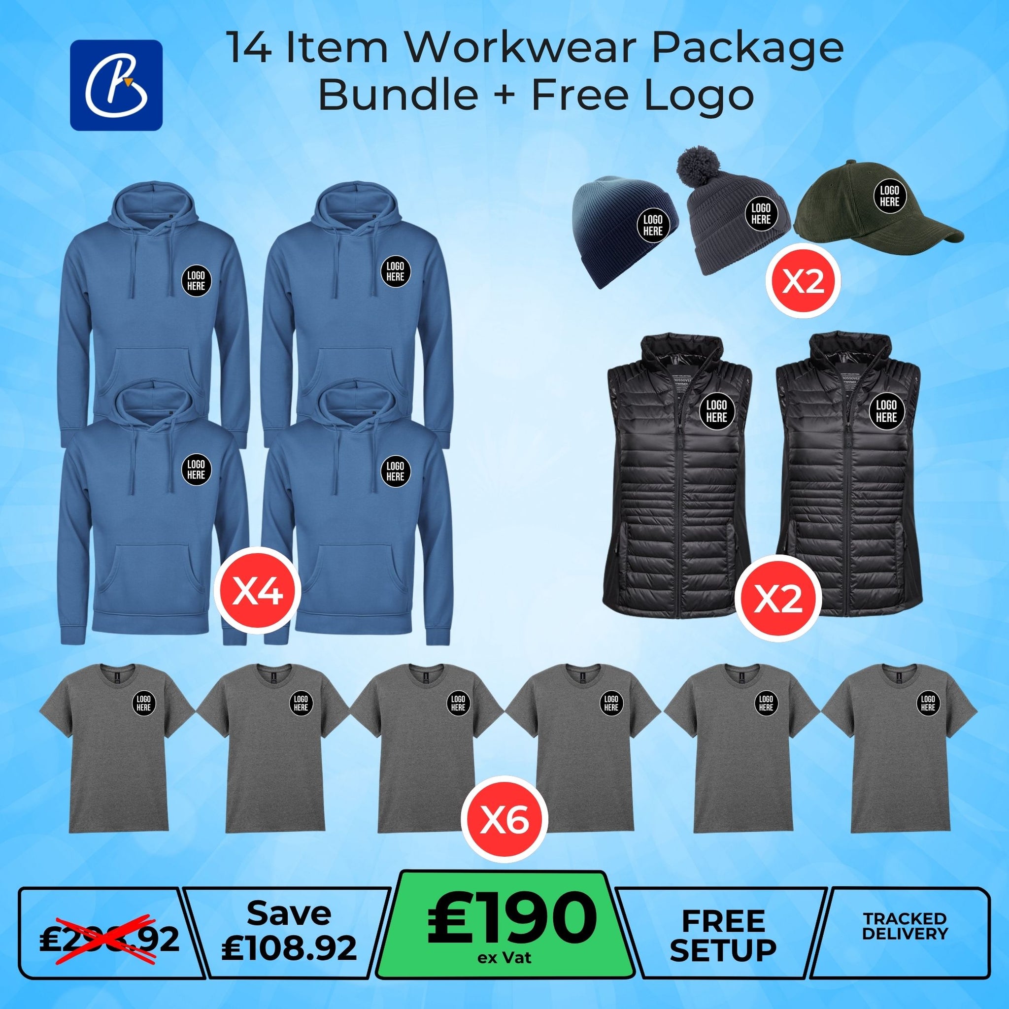 14 Item Workwear Package Bundle + Free Logo