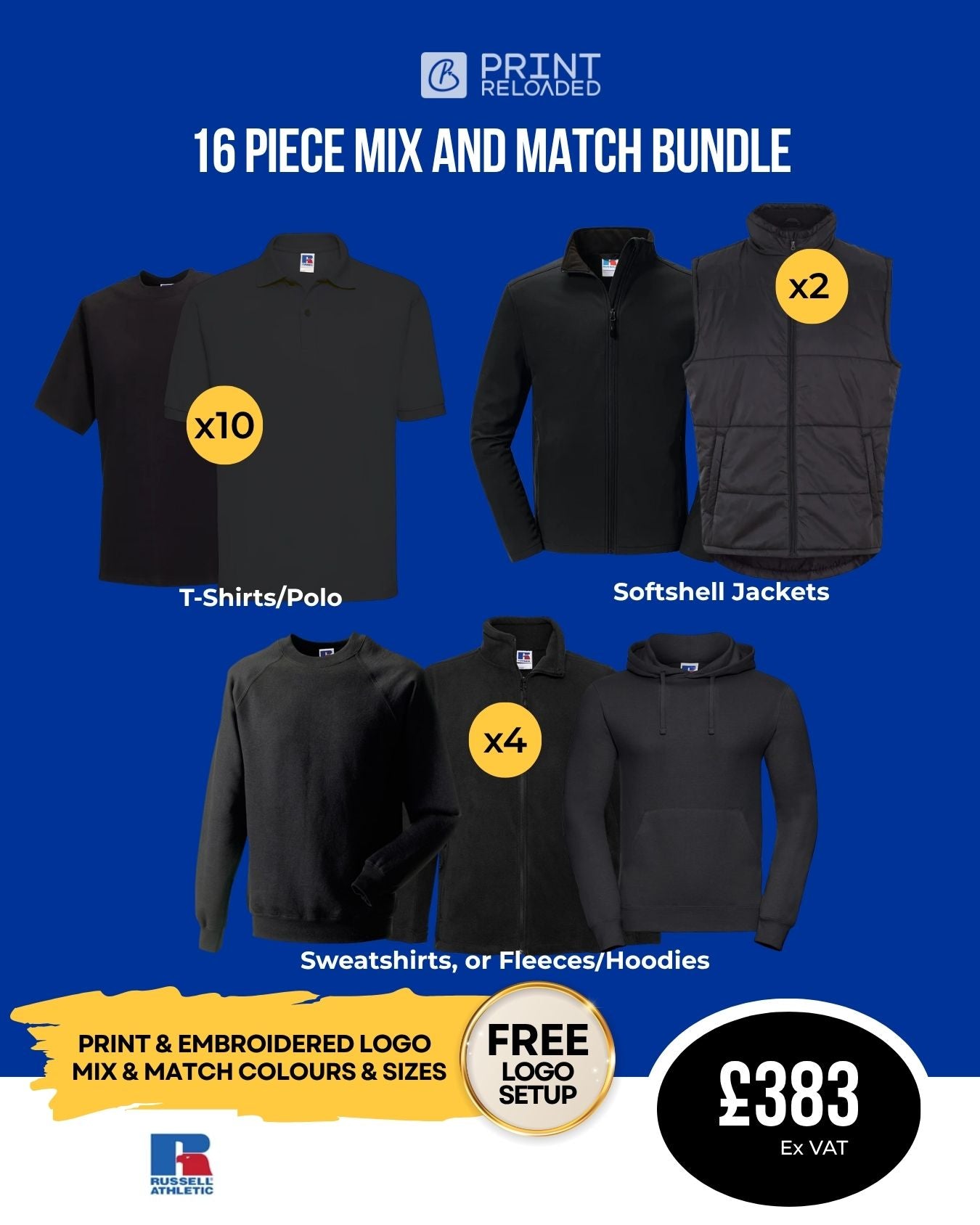 16 Piece Russell Athletic Mix & Match Embroidered Workwear Bundle