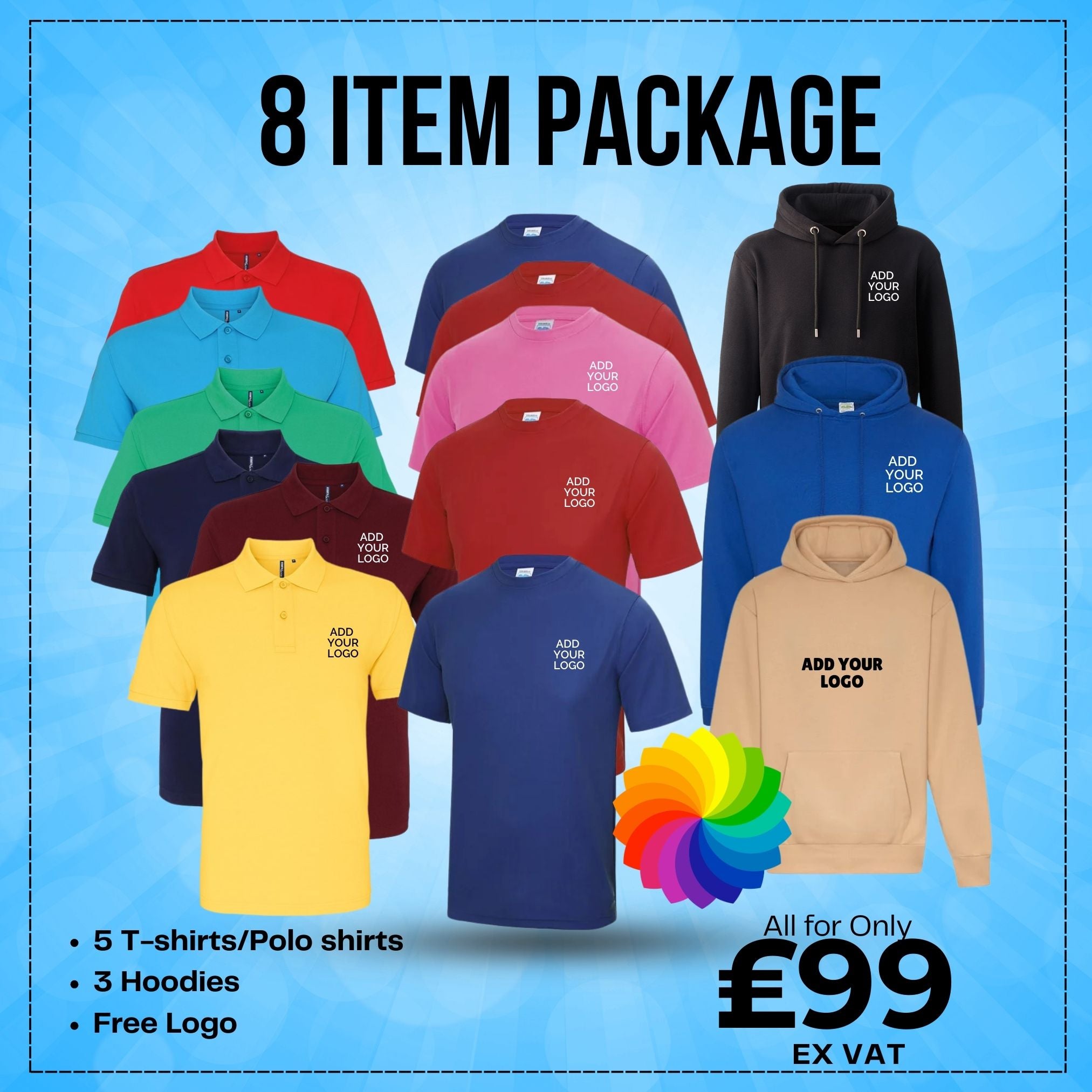 8 Item Workwear Bundle – 5 T-Shirts or Polo Shirts + 3 Hoodies with Free Logo