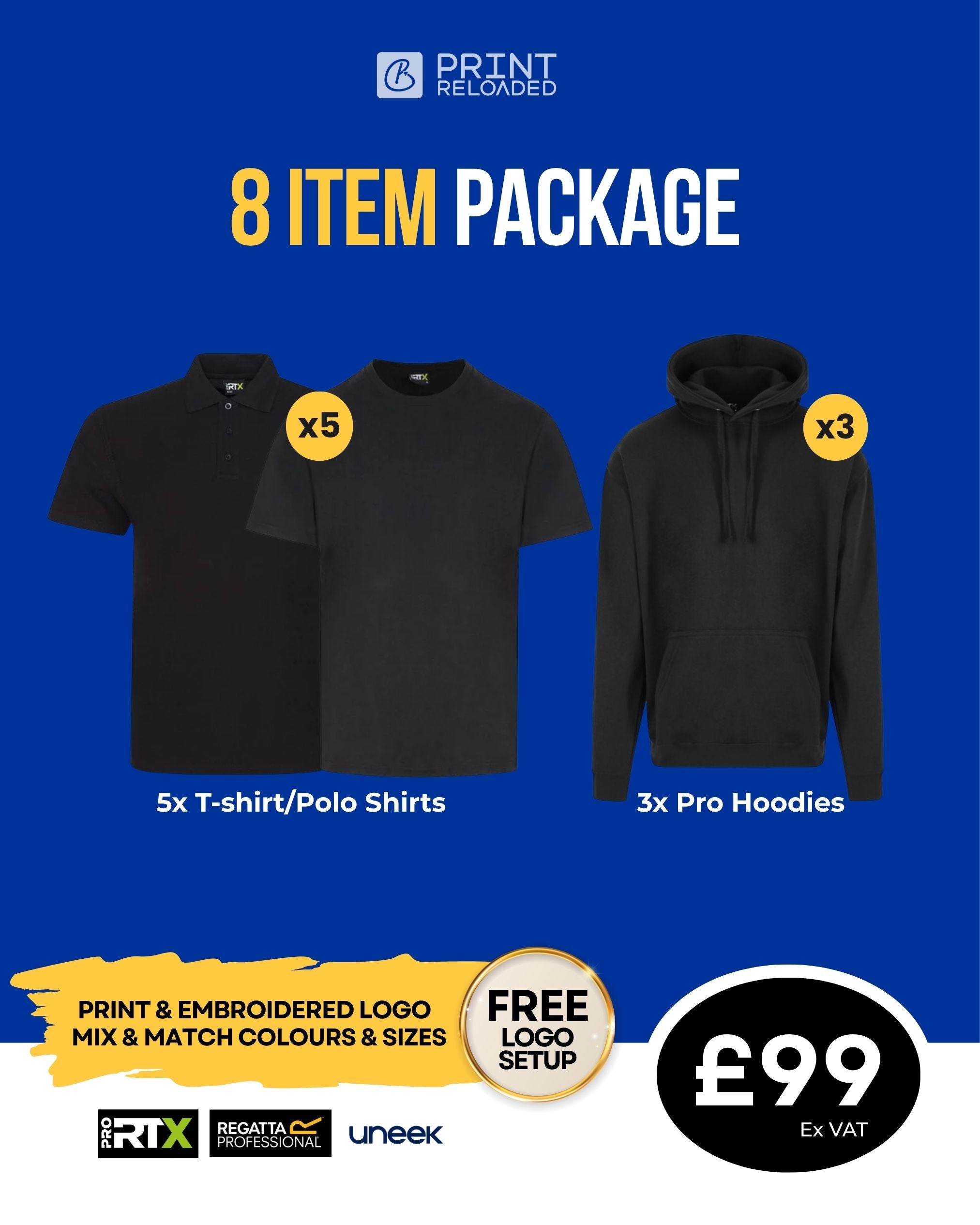 8 Item Workwear Bundle – 5 T-Shirts or Polo Shirts + 3 Hoodies with Free Logo