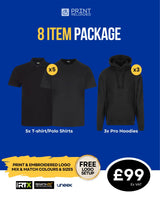 8 Item Workwear Bundle – 5 T-Shirts or Polo Shirts + 3 Hoodies with Free Logo