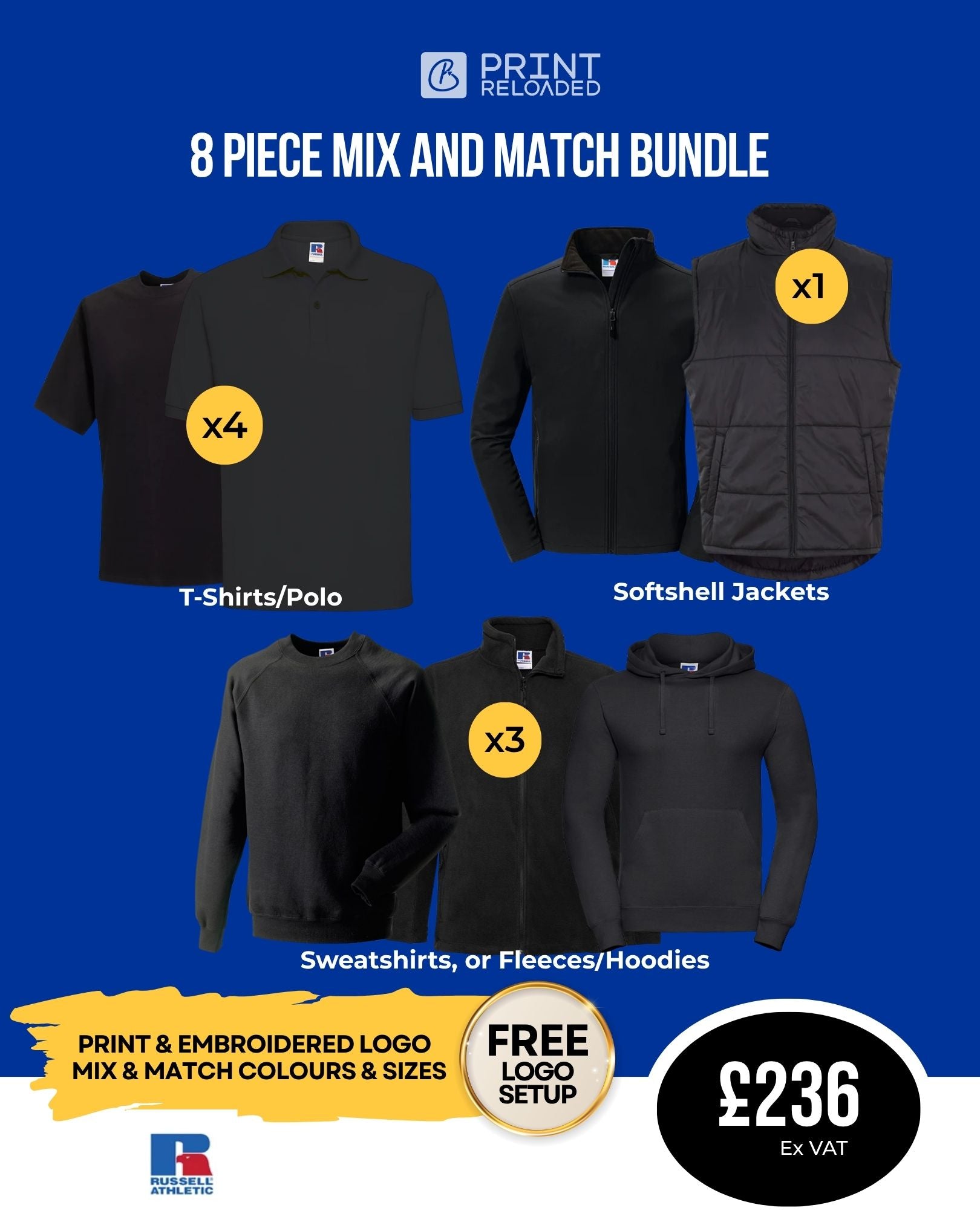 8 Piece Russell Athletic Mix & Match Embroidered Workwear Bundle